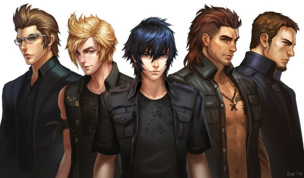Anime picture 1280x754 with final fantasy final fantasy xv square enix noctis lucis caelum ignis scientia prompto argentum gladiolus amicitia cor leonis wishfulpotato looking at viewer short hair blue eyes simple background blonde hair brown hair wide image white background bare shoulders brown eyes green eyes