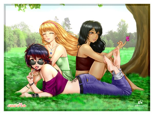 Anime picture 4000x3000 with canvas of life (manga) rocio (canvas of life) francisca (canvas of life) elenita (canvas of life) thenightwishmaster long hair blush fringe highres short hair black hair blonde hair multiple girls green eyes absurdres bent knee (knees) eyes closed multicolored hair lips mole