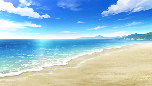 Anime picture 2272x1280 with love live! school idol festival sunrise (studio) love live! highres wide image sky cloud (clouds) outdoors sunlight official art beach horizon mountain no people scenic sea