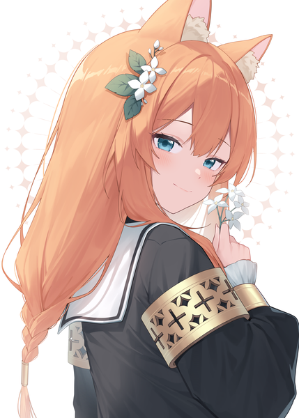 Anime picture 2756x3858 with blue archive mari (blue archive) shrimp cake single long hair tall image looking at viewer blush fringe highres blue eyes simple background smile hair between eyes animal ears upper body braid (braids) hair flower orange hair turning head