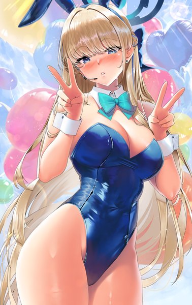Anime picture 1020x1617 with blue archive toki (blue archive) toki (bunny) (blue archive) kawai (purplrpouni) single long hair tall image looking at viewer blush fringe breasts blue eyes light erotic blonde hair large breasts standing bare shoulders animal ears cleavage blunt bangs