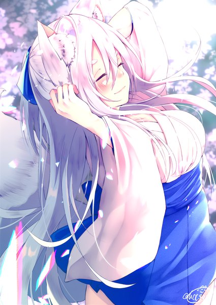 Anime picture 1417x2000 with original chita (ketchup) single long hair tall image blush fringe smile hair between eyes signed animal ears silver hair tail eyes closed traditional clothes japanese clothes animal tail fox ears fox tail fox girl