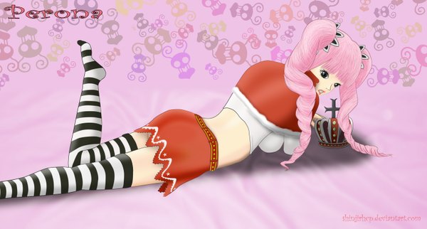 Anime picture 1400x753 with one piece toei animation perona single long hair wide image twintails pink hair lying looking back black eyes lipstick drill hair girl thighhighs skirt miniskirt striped thighhighs