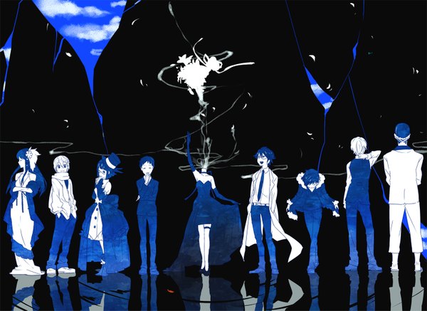 Anime picture 1439x1049 with durarara!! brains base (studio) orihara izaya heiwajima shizuo sonohara anri kida masaomi ryuugamine mikado celty sturluson kishitani shinra yagiri namie simon brezhnev black background dress hat glasses