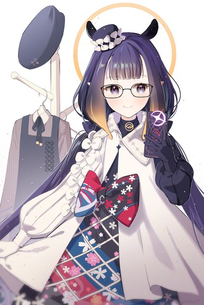 Anime picture 1000x1494 with virtual youtuber hololive hololive english ninomae ina'nis ninomae ina'nis (2nd costume) ninomae ina'nis (3rd costume) rarumi single long hair tall image fringe smile white background twintails animal ears blue hair blunt bangs pointy ears black eyes low twintails