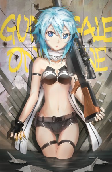 Anime picture 1825x2797 with sword art online a-1 pictures asada shino lu'' single tall image looking at viewer highres short hair blue eyes aqua hair bare belly midriff against wall graffiti girl gloves navel hair ornament weapon