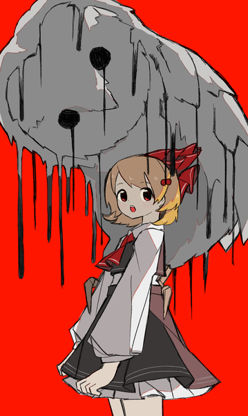 Anime picture 2437x4078 with touhou rumia neruzou single tall image looking at viewer highres short hair open mouth simple background blonde hair red eyes standing red background girl skirt ribbon (ribbons) hair ribbon animal bird (birds)