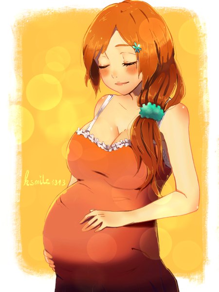 Anime picture 1668x2224 with bleach studio pierrot inoue orihime ksmile1313 single long hair tall image blush breasts simple background large breasts standing bare shoulders signed cleavage upper body eyes closed light smile orange hair border