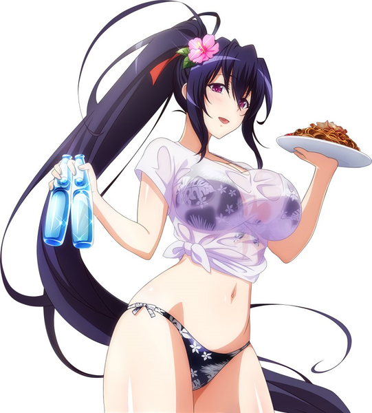 Anime picture 902x1000 with highschool dxd himejima akeno single long hair tall image fringe breasts open mouth light erotic black hair simple background hair between eyes large breasts white background purple eyes ponytail :d hair flower front-tie top girl