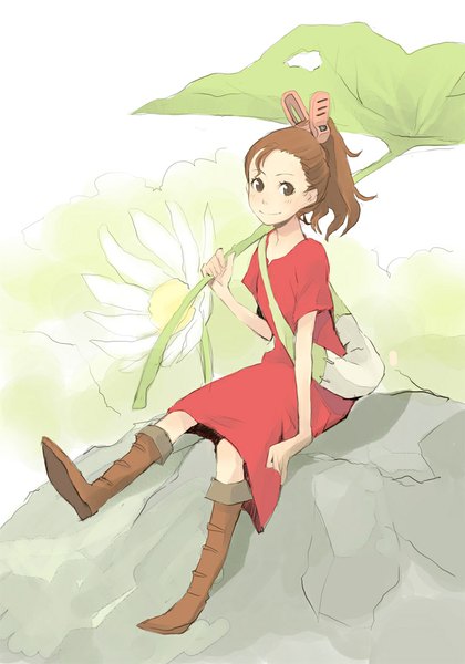 Anime picture 700x1000 with the borrower arrietty studio ghibli arrietty yoshito (u10) single long hair tall image blush smile brown hair sitting brown eyes ponytail girl dress hair ornament flower (flowers) bag knee boots red dress