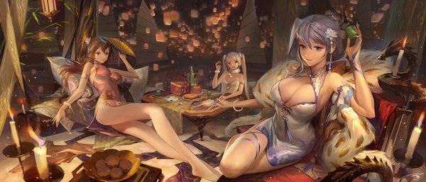 Anime picture 8000x3429 with aether gazer poseidon (aether gazer) verthandi (aether gazer) damiaodi long hair looking at viewer fringe highres short hair breasts open mouth blue eyes light erotic smile hair between eyes red eyes brown hair wide image large breasts sitting