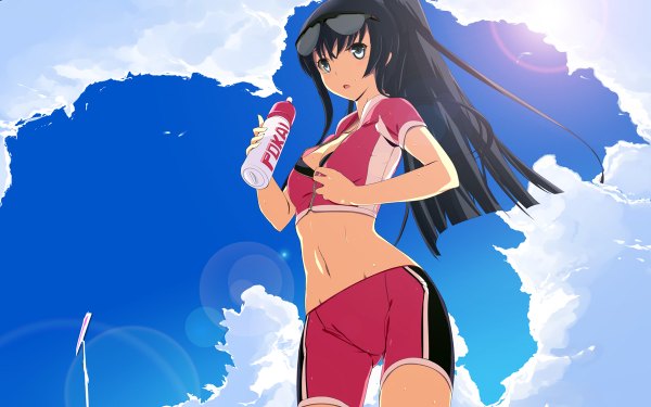 Anime picture 1200x750 with original maccyon single long hair looking at viewer open mouth blue eyes light erotic black hair sky cloud (clouds) girl navel uniform glasses gym uniform