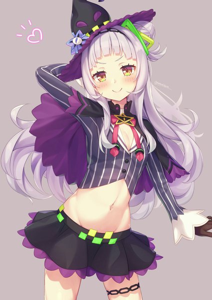 Anime picture 1741x2458 with virtual youtuber hololive murasaki shion murasaki shion (1st costume) tokoshibyra single long hair tall image looking at viewer blush highres simple background smile yellow eyes silver hair grey background hair bun (hair buns) groin arm behind head girl