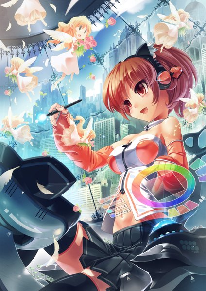 Anime picture 1200x1698 with original kankurou single tall image short hair open mouth red eyes brown hair midriff l l girl thighhighs skirt navel black thighhighs detached sleeves miniskirt headphones pen