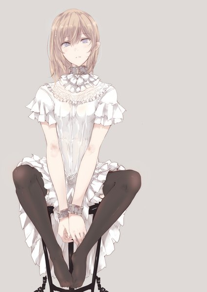 Anime picture 1190x1681 with original touma raito single tall image looking at viewer blush short hair blonde hair simple background sitting purple eyes bent knee (knees) head tilt pointy ears grey background no shoes elf girl dress pantyhose