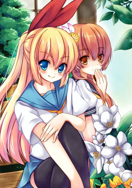 Anime picture 2480x3508 with nisekoi shaft (studio) kirisaki chitoge tachibana marika long hair tall image blush highres blue eyes blonde hair smile brown hair multiple girls brown eyes half updo girl thighhighs uniform flower (flowers) bow