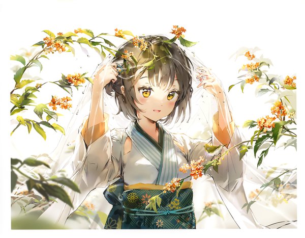 Anime picture 4363x3400 with original eshi 100-nin ten anmi single looking at viewer blush fringe highres short hair open mouth simple background smile brown hair white background yellow eyes absurdres upper body traditional clothes :d japanese clothes