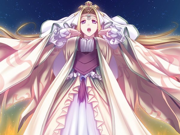 Anime picture 1024x768 with maou to odore! 2 long hair open mouth blonde hair purple eyes game cg night from below night sky girl dress star (stars) circlet
