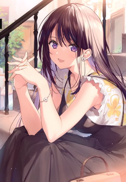 Anime picture 2406x3464 with original necomi (gussan) single long hair tall image looking at viewer blush fringe highres breasts open mouth smile hair between eyes brown hair sitting purple eyes outdoors indoors nail polish :d