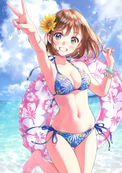 Anime picture 2425x3426 with original morikura en single tall image looking at viewer blush fringe highres short hair breasts smile hair between eyes brown hair standing holding sky cleavage cloud (clouds) outdoors nail polish