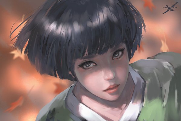 Anime picture 1280x854 with ghost blade jade (ghost blade) wlop single looking at viewer short hair parted lips from above grey hair grey eyes girl leaf (leaves)