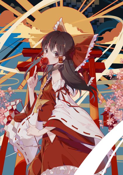 Anime picture 1346x1913 with touhou hakurei reimu zhibuji loom single long hair tall image looking at viewer blush brown hair standing brown eyes cherry blossoms covered mouth pointing girl bow hair bow detached sleeves food hair tubes