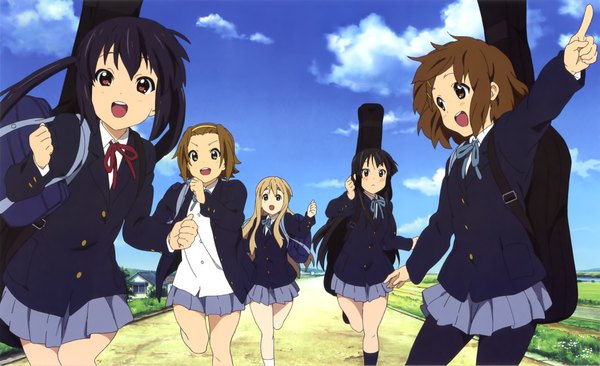 Anime picture 3833x2339 with k-on! kyoto animation akiyama mio hirasawa yui nakano azusa kotobuki tsumugi tainaka ritsu long hair highres short hair open mouth black hair blonde hair brown hair wide image multiple girls brown eyes absurdres sky cloud (clouds)