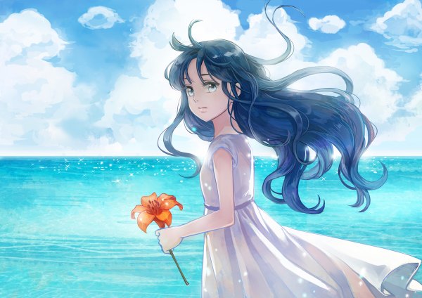 Anime picture 1200x848 with original wooga (artist) single long hair looking at viewer blue eyes black hair sky cloud (clouds) girl flower (flowers) sea sundress