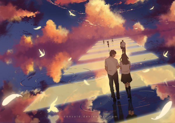 Anime picture 3508x2480 with original donsaid (dias mardianto) long hair highres short hair brown hair multiple girls absurdres cloud (clouds) eyes closed pleated skirt from behind sunlight multiple boys hug reflection flying laughing girl boy