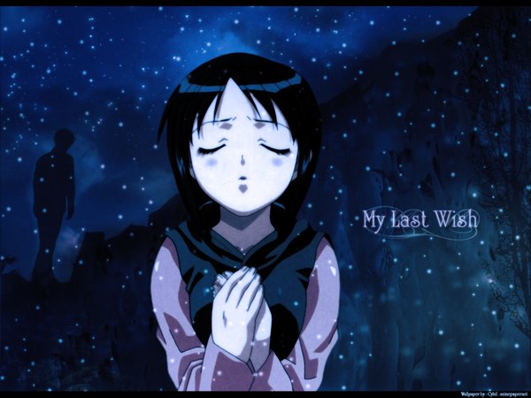 Anime picture 1600x1200 with love hina maehara shinobu lady89 (cybil) blush short hair black hair signed upper body eyes closed wallpaper snowing letterboxed solo focus third-party edit silhouette girl boy