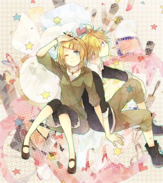 Anime picture 1158x1294 with vocaloid kagamine rin kagamine len hana (mew) tall image short hair blue eyes blonde hair sitting profile one eye closed wink looking up twins girl boy boots bracelet leggings