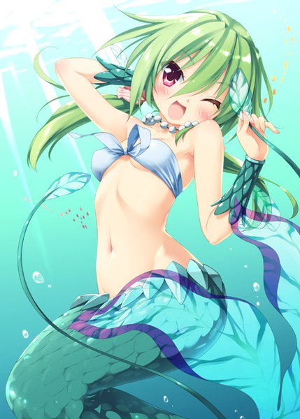 Anime picture 572x800 with namiuchigiwa no muromi-san tatsunoko muromi-san peko single long hair tall image looking at viewer blush open mouth light erotic hair between eyes twintails tail one eye closed pink eyes green hair wink low twintails arm behind head