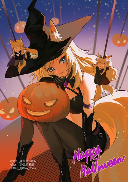 Anime picture 1000x1415 with arknights nearl (arknights) blemishine (arknights) whislash (arknights) gogatsu fukuin single long hair tall image blue eyes blonde hair smile sitting signed animal ears tail animal tail alternate costume text halloween english