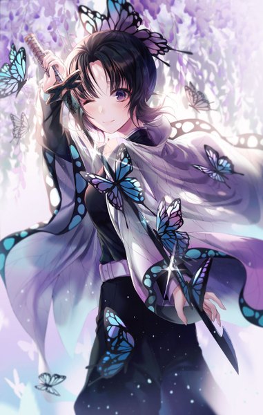 Anime picture 800x1258 with kimetsu no yaiba ufotable kochou shinobu develop2 single tall image looking at viewer blush fringe short hair black hair simple background smile standing purple eyes holding traditional clothes japanese clothes one eye closed arm up