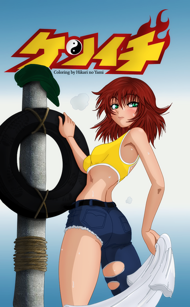 Anime picture 1024x1647 with history's strongest disciple kenichi valkyrie (kenichi) hikari--no--yami single tall image blush short hair simple background green eyes red hair looking back inscription armpit (armpits) midriff coloring girl cap jeans torn jeans