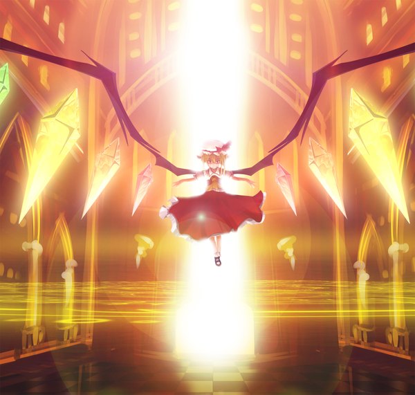 Anime picture 1600x1523 with touhou flandre scarlet eva200499 single short hair blonde hair red eyes flying girl dress hat wings
