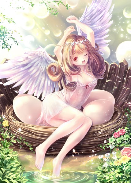 Anime picture 771x1080 with original soraizumi single long hair tall image looking at viewer blush open mouth blonde hair red eyes one eye closed barefoot wink bare legs girl dress hair ornament flower (flowers) wings egg