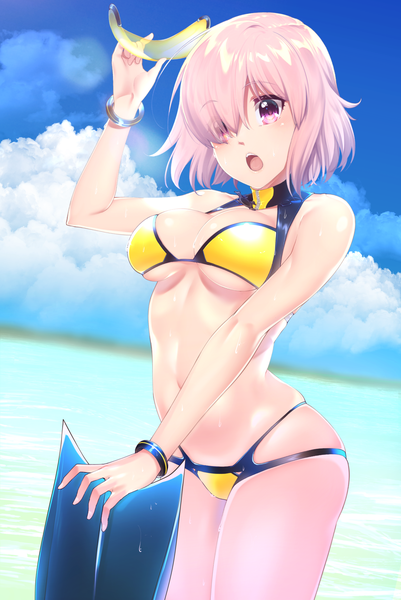 Anime picture 1266x1894 with fate (series) fate/grand order mash kyrielight hisayaki kyuu single tall image blush fringe short hair breasts open mouth light erotic standing purple eyes bare shoulders holding pink hair sky cleavage cloud (clouds)