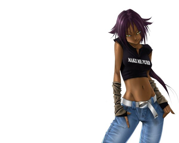 Anime picture 1280x1024 with bleach studio pierrot shihouin yoruichi single short hair white background yellow eyes looking away purple hair teeth fang (fangs) dark skin hands in pockets girl navel detached sleeves belt crop top jeans