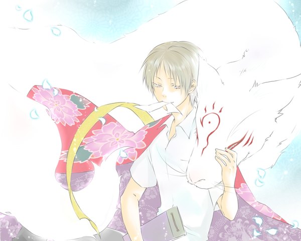 Anime picture 1280x1024 with natsume yuujinchou brains base (studio) natsume takashi madara (nyanko-sensei) jun (pixiv) short hair eyes closed japanese clothes grey hair hug mouth hold boy animal petals book (books) paper