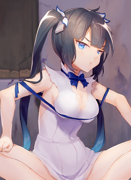 Anime picture 796x1090 with dungeon ni deai wo motomeru no wa machigatteiru darou ka j.c. staff hestia (danmachi) gi (melmail) single long hair tall image looking at viewer blush fringe breasts blue eyes light erotic black hair sitting twintails cleavage indoors sleeveless covered navel