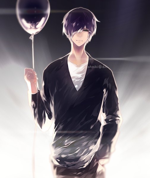 Anime picture 900x1068 with original ahniki single tall image looking at viewer fringe short hair blue eyes standing holding head tilt light smile hair over one eye hand in pocket boy balloon