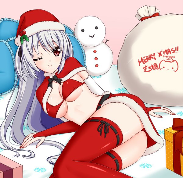 Anime picture 1600x1559 with original nagi-the-cheese (ppshex) single long hair blush fringe breasts light erotic smile red eyes silver hair nail polish one eye closed fingernails wink christmas red nail polish merry christmas girl thighhighs