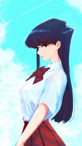 Anime picture 2302x4093 with komi-san wa komyushou desu komi shouko higemu single long hair tall image fringe highres black hair sky cloud (clouds) upper body profile black eyes girl uniform school uniform