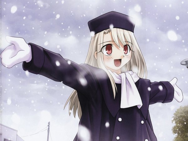 Anime picture 1600x1200 with fate (series) fate/stay night studio deen type-moon illyasviel von einzbern snowing winter fur hat hat