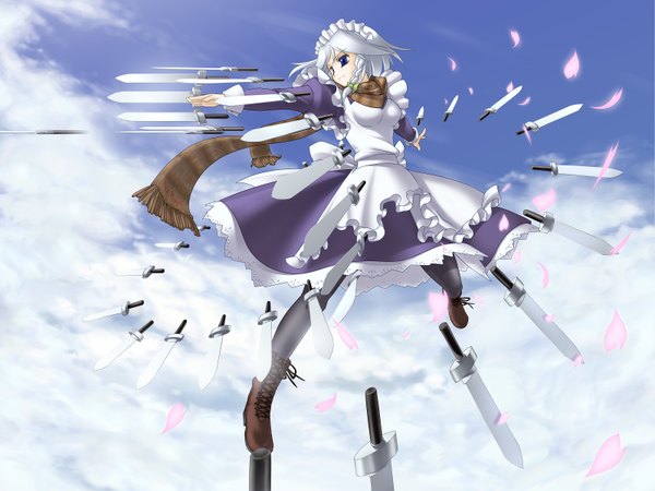 Anime picture 1600x1200 with touhou izayoi sakuya jerry highres blue eyes sky silver hair maid girl knife