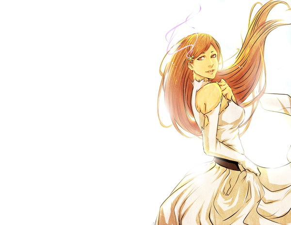 Anime picture 1478x1142 with bleach studio pierrot inoue orihime moni (artist) long hair simple background white background orange hair orange eyes torn clothes girl dress gloves hair ornament detached sleeves elbow gloves hairclip