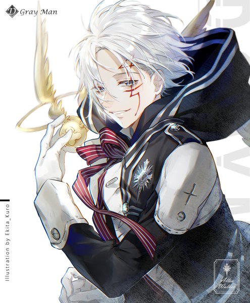 Anime picture 981x1190 with d.gray-man allen walker timcanpy ekita xuan single tall image looking at viewer fringe short hair simple background smile hair between eyes white background holding signed silver hair upper body grey eyes copyright name character names