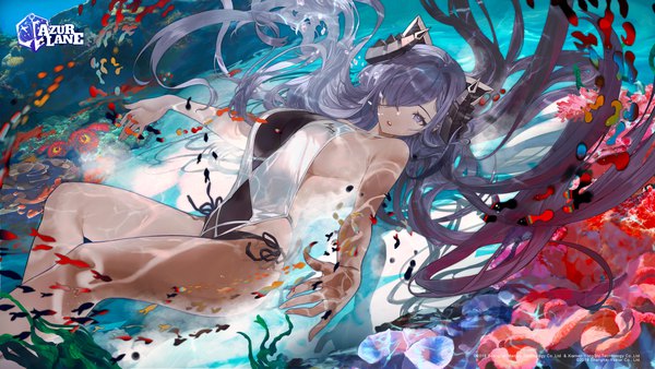 Anime picture 4000x2250 with azur lane august von parseval (azur lane) salmon88 single long hair looking at viewer fringe highres breasts open mouth blue eyes light erotic wide image large breasts blue hair absurdres horn (horns) hair over one eye official art copyright name