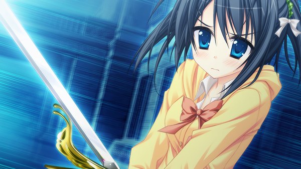 Anime picture 1280x720 with hatsuyuki sakura shinonome nozomu blush short hair blue eyes black hair wide image game cg girl weapon sword